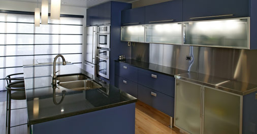 Modern Kitchen in Blue and Stainless stell with granite counters