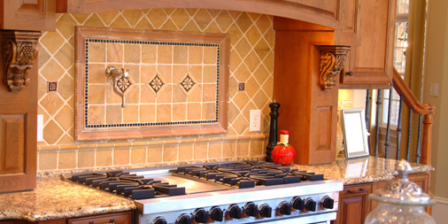 Kitchen with an intricately designed backsplash.